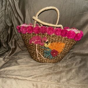Serpui Handwoven Straw Tote with Pink Pom-Pom Trim and Floral Embroidery